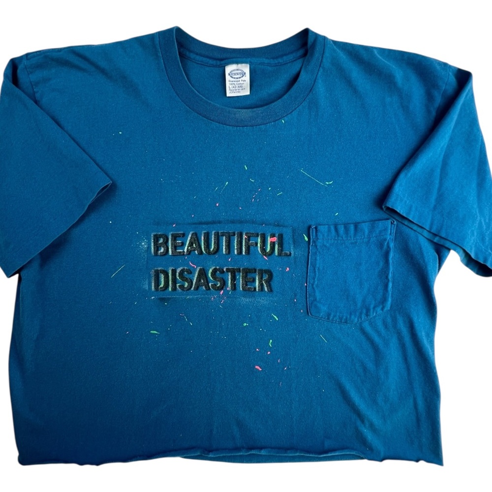Vintage Hand Painted Cropped Tee Beautiful Disaster Stencil Art Custom Women's L